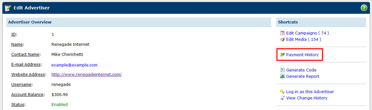 Advertiser Payment History