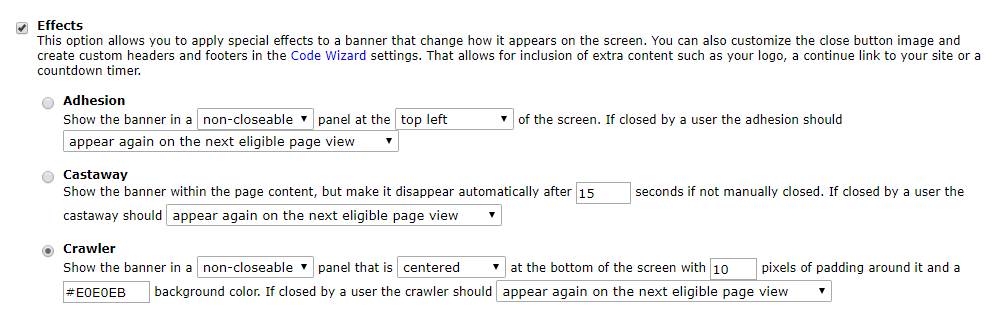 Code Wizard Adhesion Effect Options