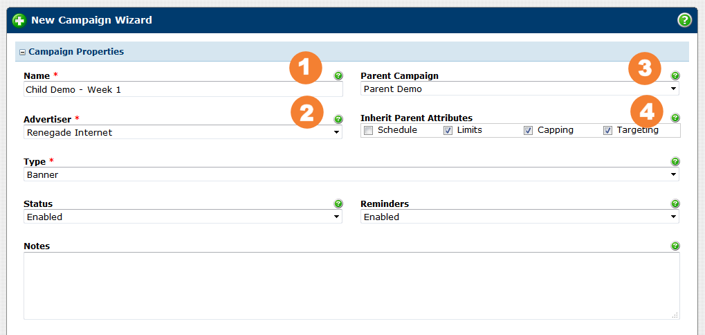 Enter a name and select an advertiser, but also select the parent campaign and inherit its limits, capping and targeting.