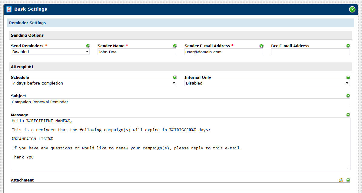 Campaign Renewal Reminder Settings